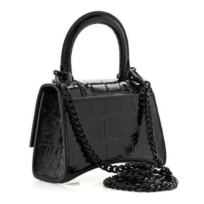 Balenciaga Shiny Calfskin Monochrome Crocodile Embossed Hourglass Top Handle Bag Mini with Chain Black 3 of 11