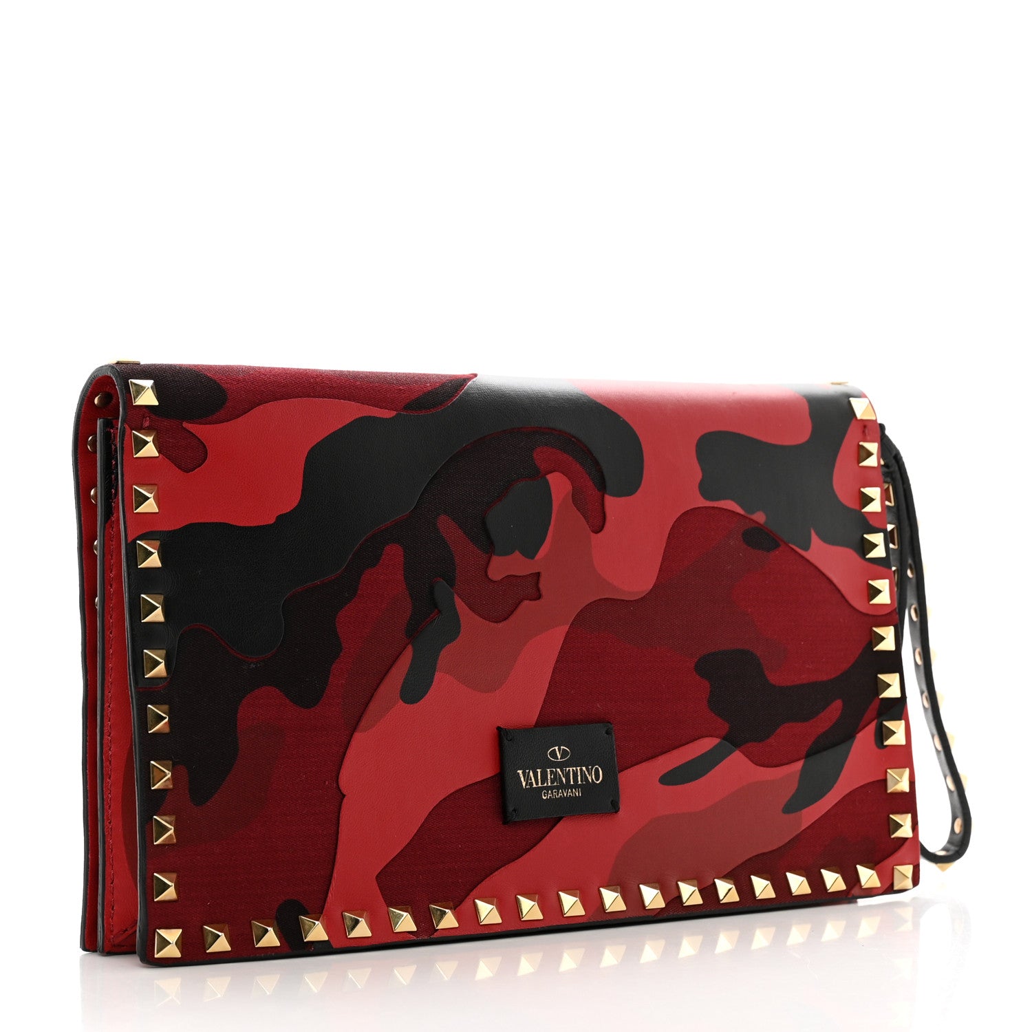 Valentino Garavani Nappa Canvas Camouflage Rockstud Wristlet Clutch Red Black 3 of 10