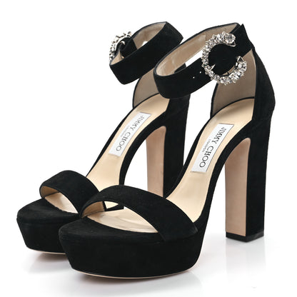 Jimmy Choo Suede Crystal Buckle Mionne 120 Sandals 38.5 Black 3 of 8