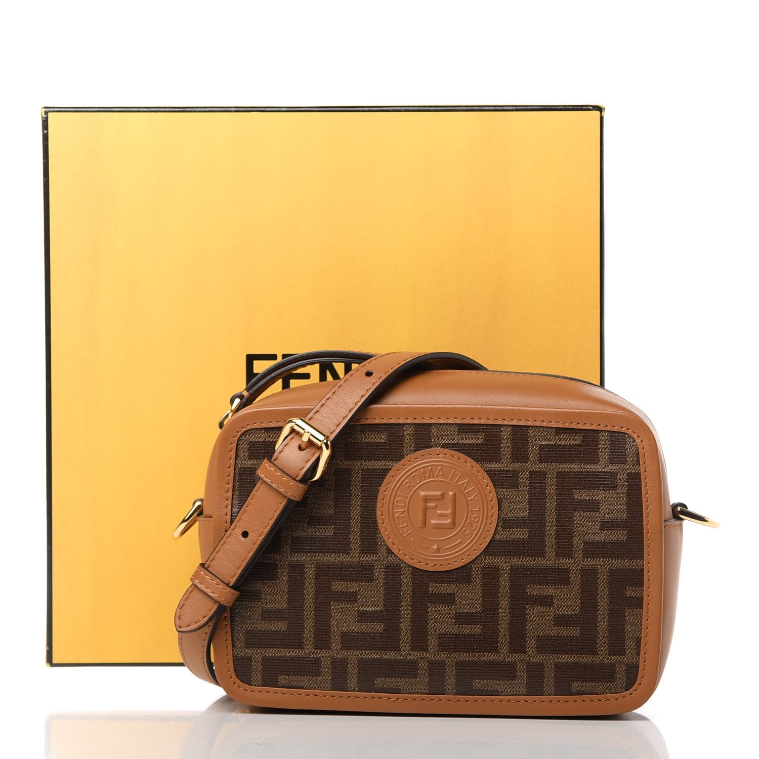 Fendi Glazed Fabric Vitello Century FF 1974 Stamp Patch Mini Camera Case Mogano Panna Caramello 11 of 11
