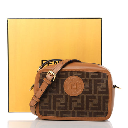 Fendi Glazed Fabric Vitello Century FF 1974 Stamp Patch Mini Camera Case Mogano Panna Caramello 11 of 11