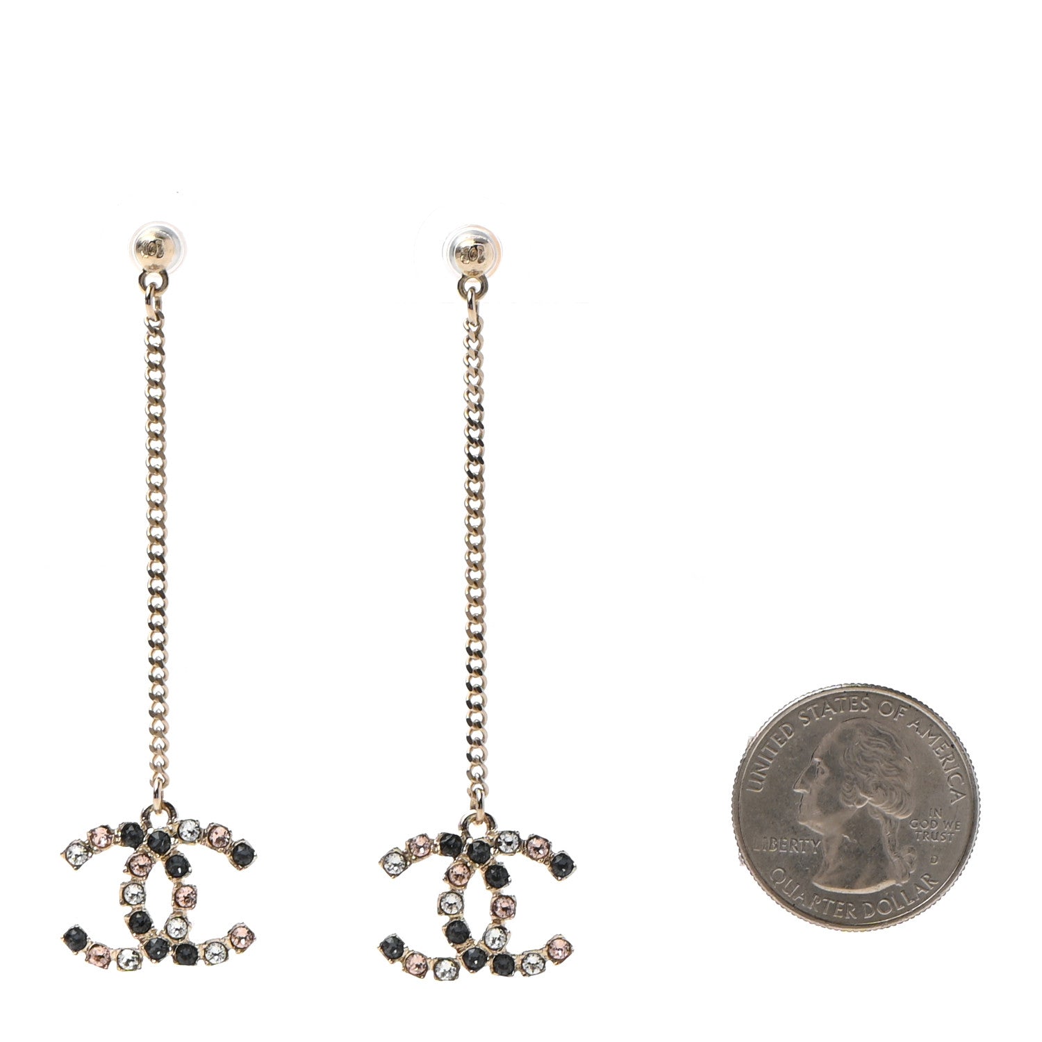 Chanel Crystal CC Drop Earrings Pink Grey Gold 2 of 5