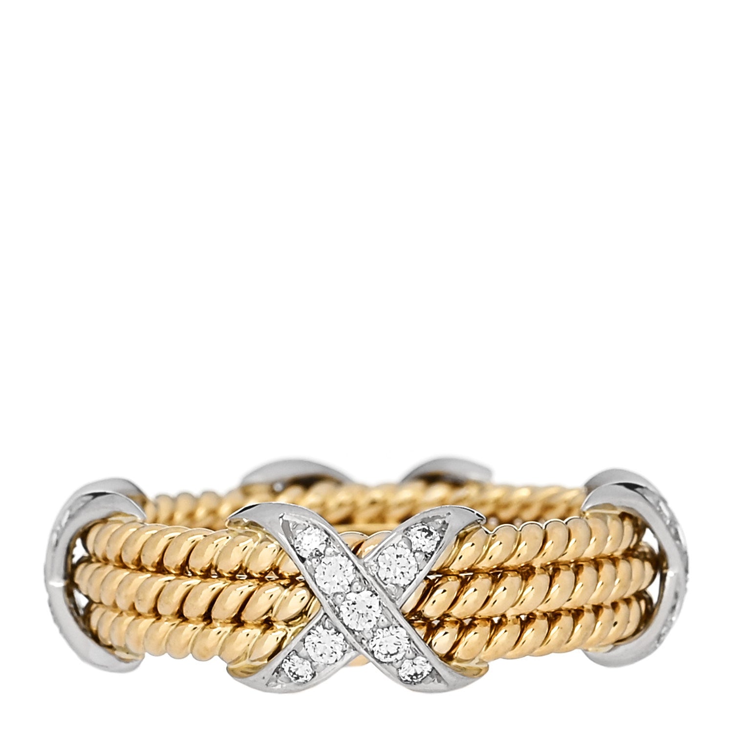 Tiffany 18K Yellow Gold Platinum Diamond Schlumberger Rope Three Row X Ring 54 7 1 of 5