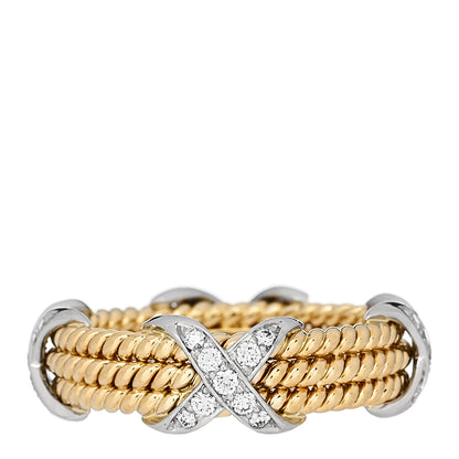Tiffany 18K Yellow Gold Platinum Diamond Schlumberger Rope Three Row X Ring 54 7 1 of 5