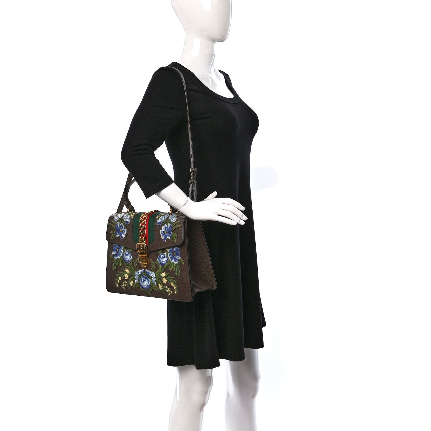 Gucci Calfskin Embroidered Medium Sylvie Top Handle Bag New Acero Multicolor 2 of 9