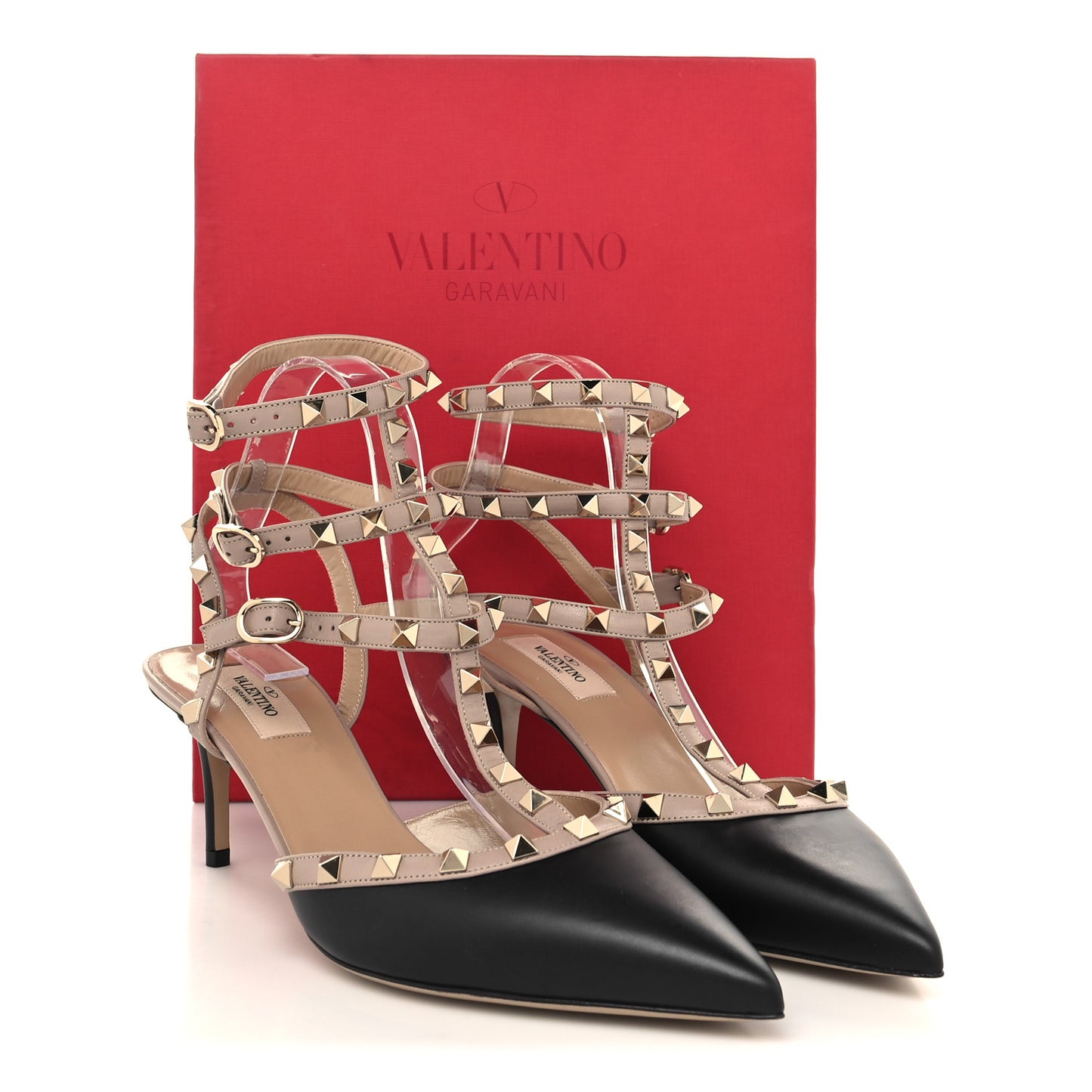 Calfskin Nappa Rockstud Ankle Strap 65mm Pumps 41 Black Poudre