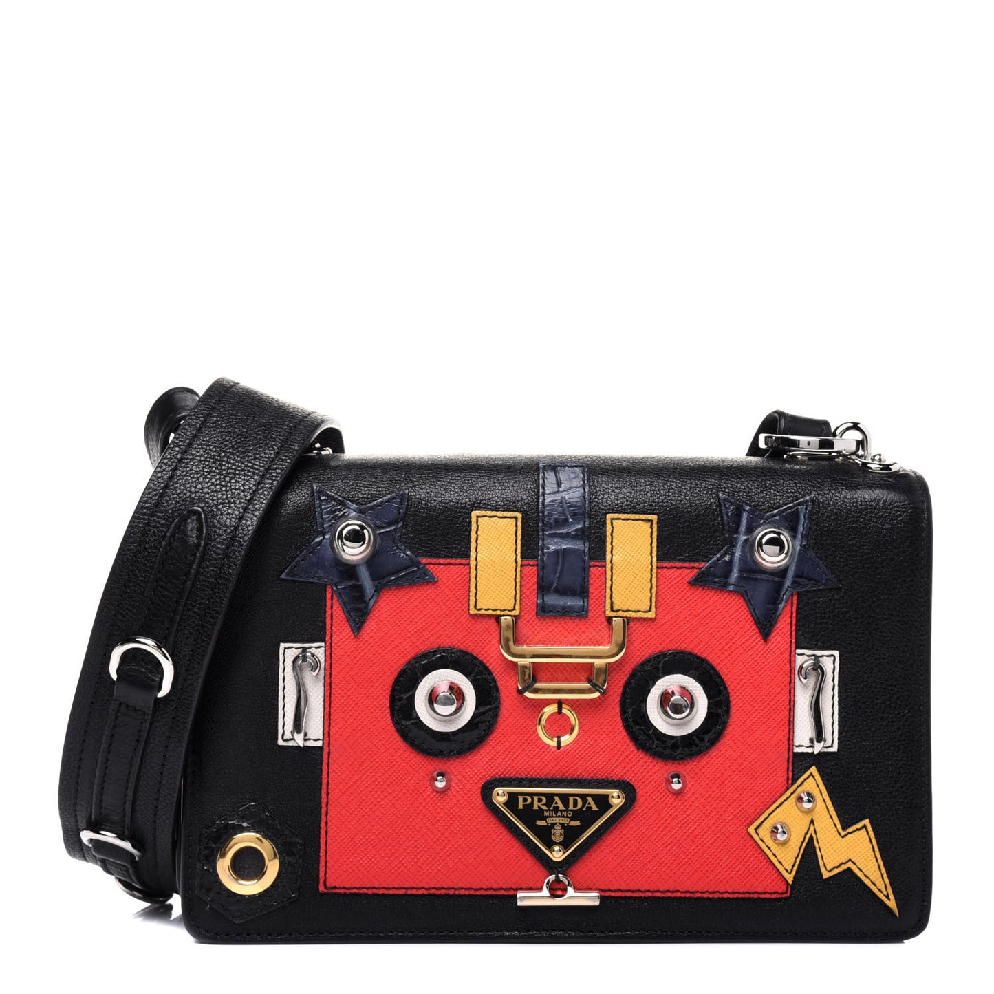 Grained Calfskin Saffiano Robot Shoulder Bag Black Red