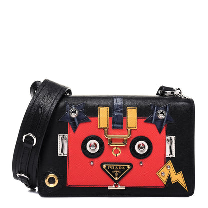 Prada Grained Calfskin Saffiano Robot Shoulder Bag Black Red 1 of 20