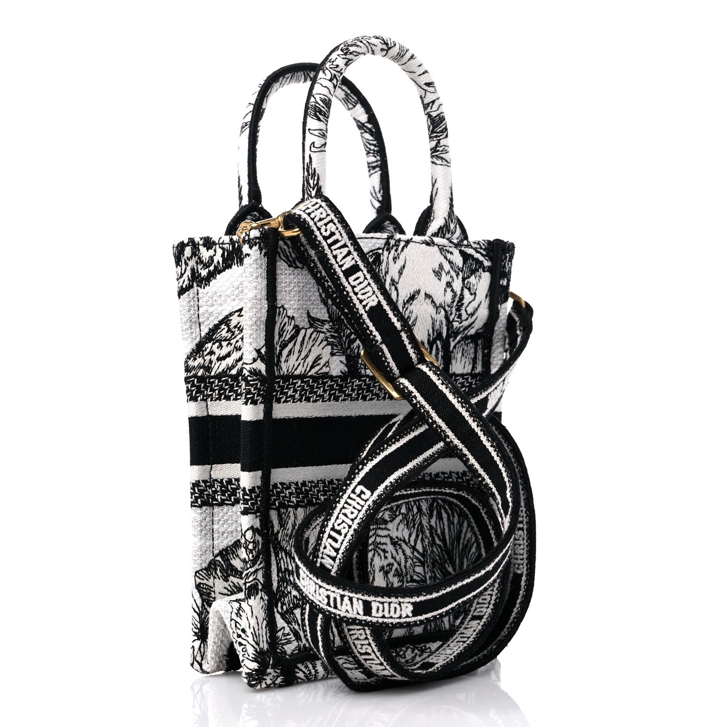 Canvas Toile de Jouy Voyage Embroidered Mini Book Tote Phone Bag White Black