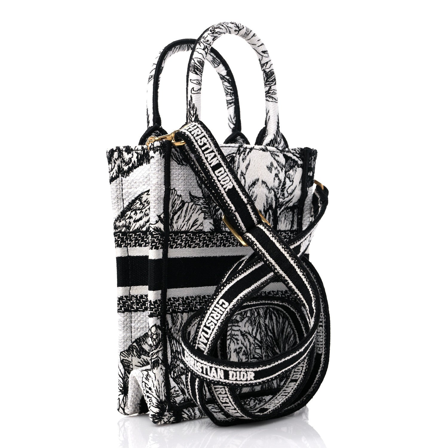 Christian Dior Canvas Toile de Jouy Voyage Embroidered Mini Book Tote Phone Bag White Black 3 of 9