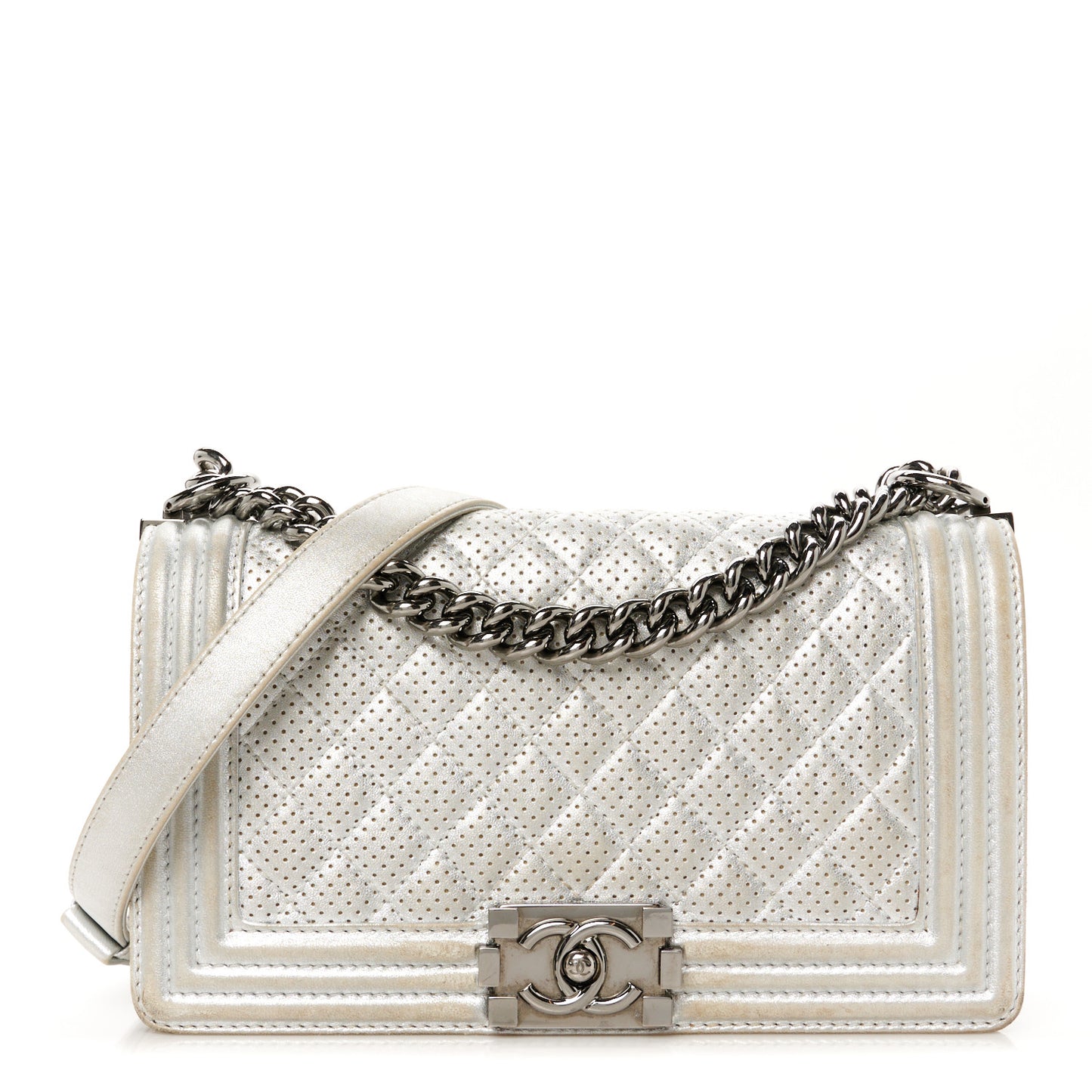 Metallic Perforated Lambskin Quilted Medium Boy Flap Argent