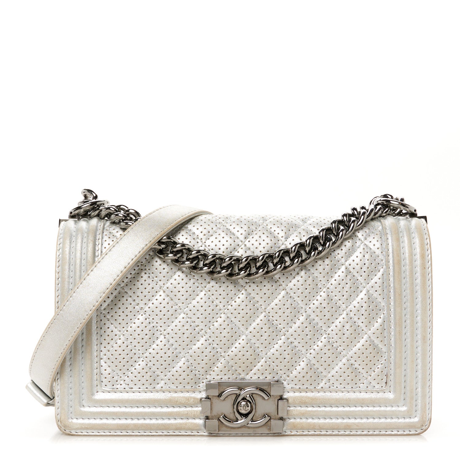 Chanel Metallic Perforated Lambskin Quilted Medium Boy Flap Argent 1 of 12