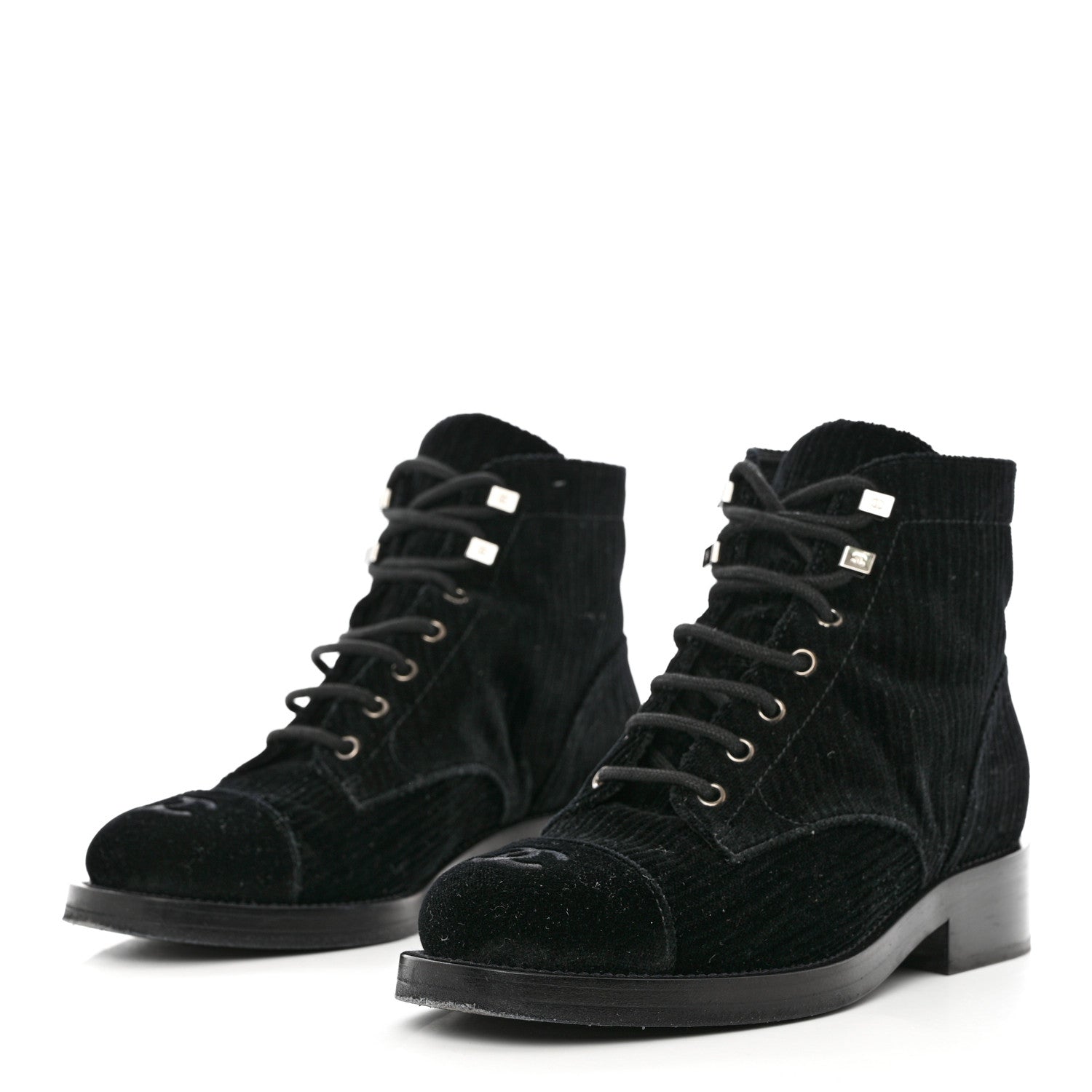 Chanel Velvet CC Combat Boots 37.5 Black 3 of 9
