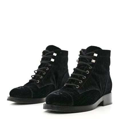 Chanel Velvet CC Combat Boots 37.5 Black 3 of 9