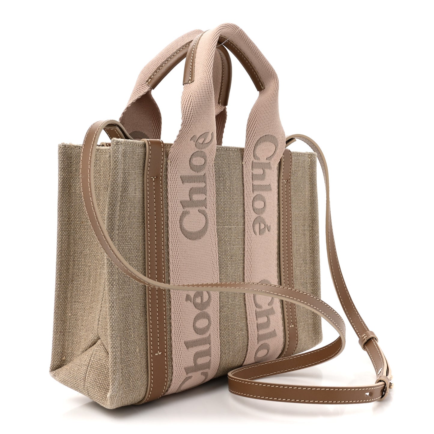Cotton Calfskin Small Woody Ribbon Tote With Strap Blushy Beige