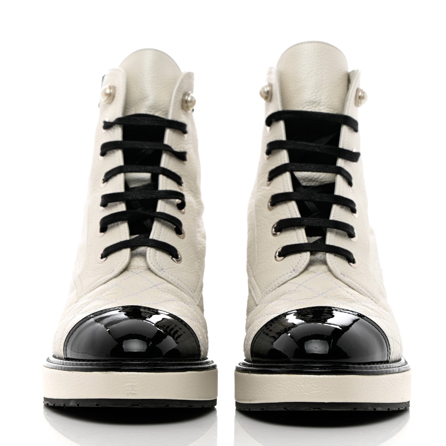 Chanel Pearly Calfskin Patent Calfskin Quilted Lace Up Boots 38.5 White Light Gray Black 2 of 18