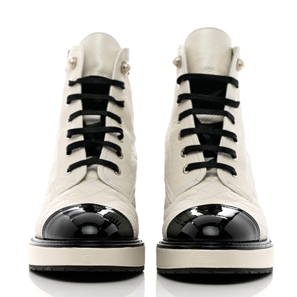 Chanel Pearly Calfskin Patent Calfskin Quilted Lace Up Boots 38.5 White Light Gray Black 2 of 18