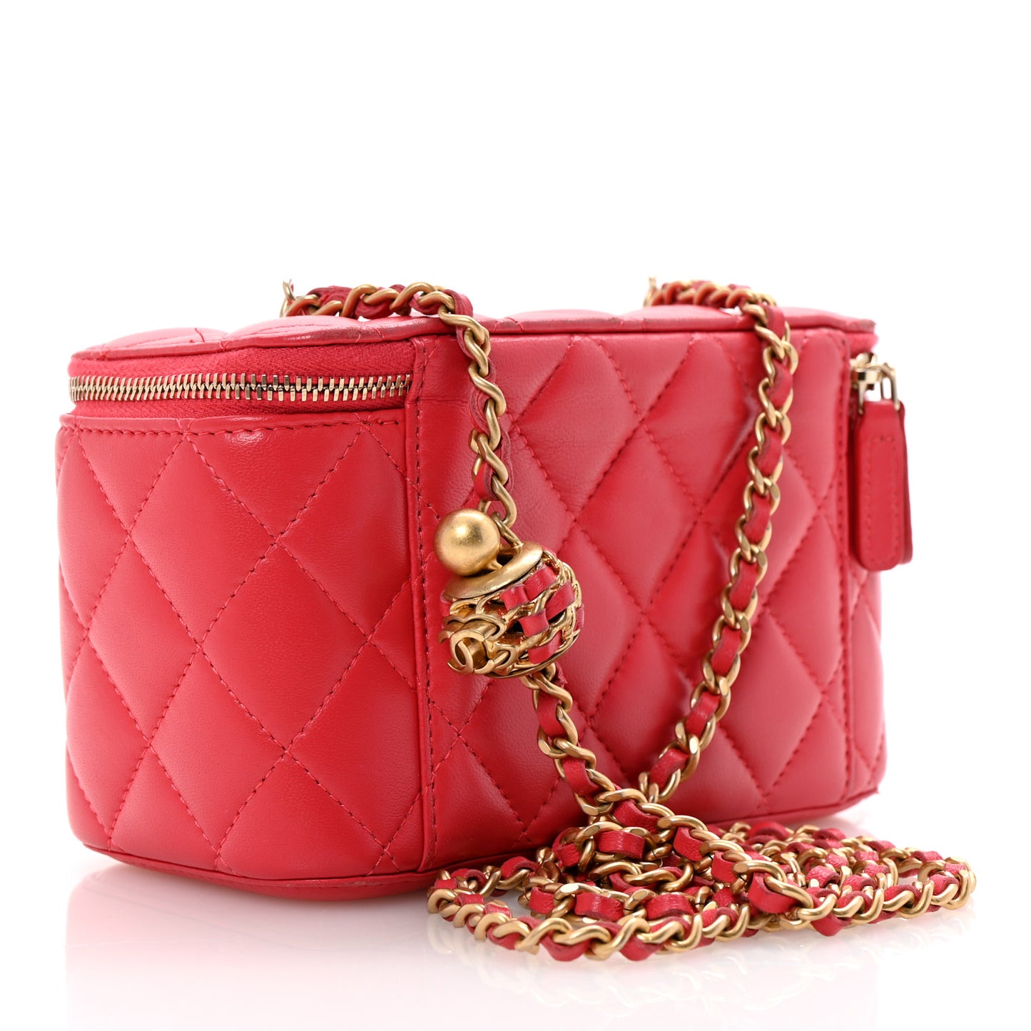 Lambskin Quilted Small Pearl Crush Vanity Case With Chain Red