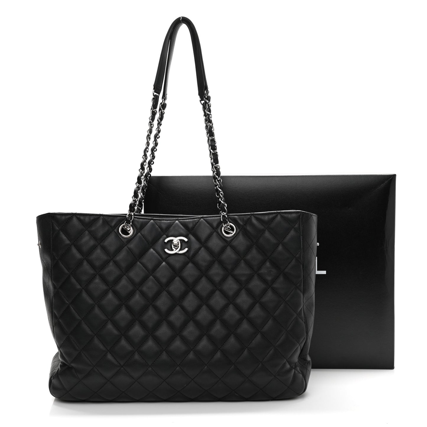 Calfskin Quilted Large Classic Shopping Tote Black