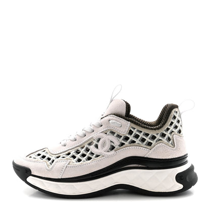 Chanel Suede Calfskin Embroidered CC Sneakers 35.5 Ecru Light Gray 1 of 9