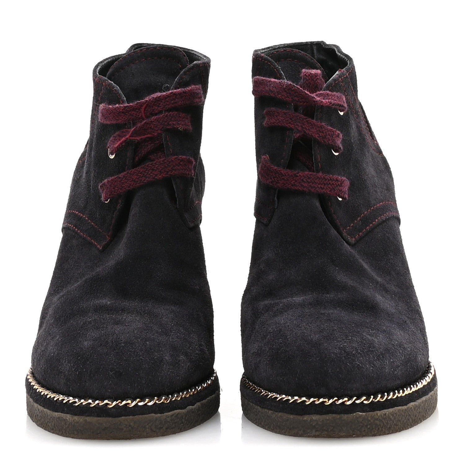 Chanel Suede Lace Up Wedge Booties 37 Dark Blue 3 of 8