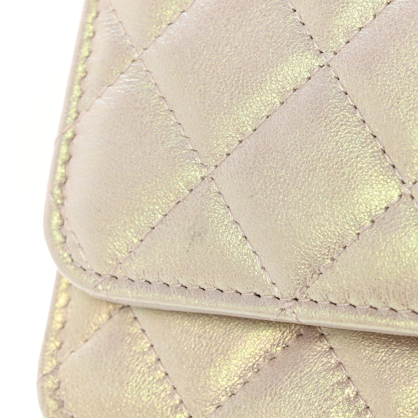 Iridescent Lambskin Quilted Mini Wallet On Chain WOC Ivory