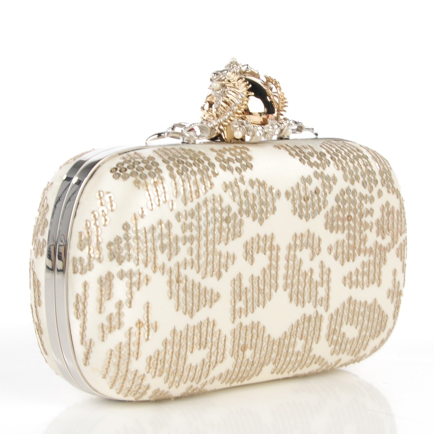 Sequin Crown Skull Box Clutch White