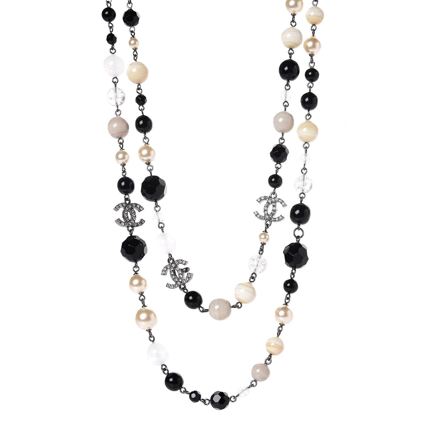 Pearl Crystal Bead CC Long Necklace Black Silver