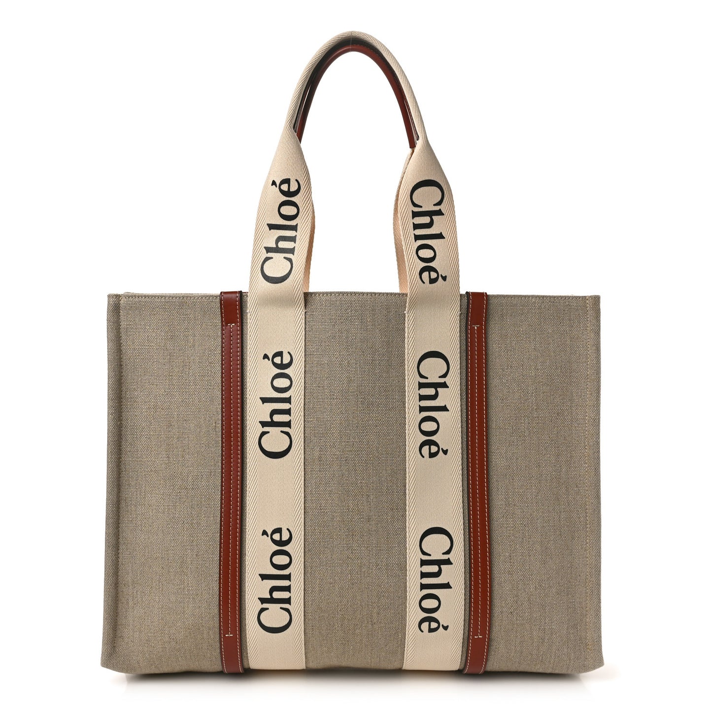 Linen Calfskin Large Woody Ribbon Tote White Brown