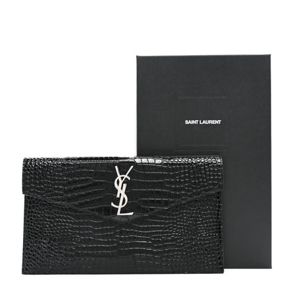 Saint Laurent Calfskin Crocodile Embossed Uptown Monogram Pouch Black 8 of 8