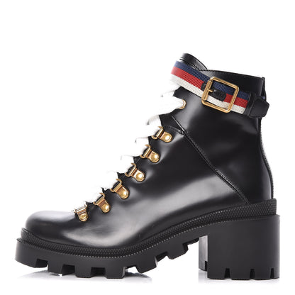 Gucci Calfskin Sylvie Web Lace Up Combat Boots 36.5 Black 1 of 9