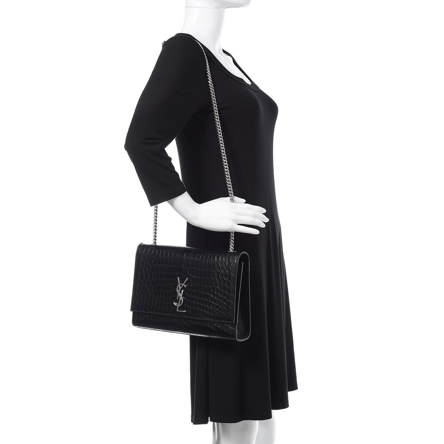 Calfskin Crocodile Embossed Large Classic Monogram Kate Satchel Black