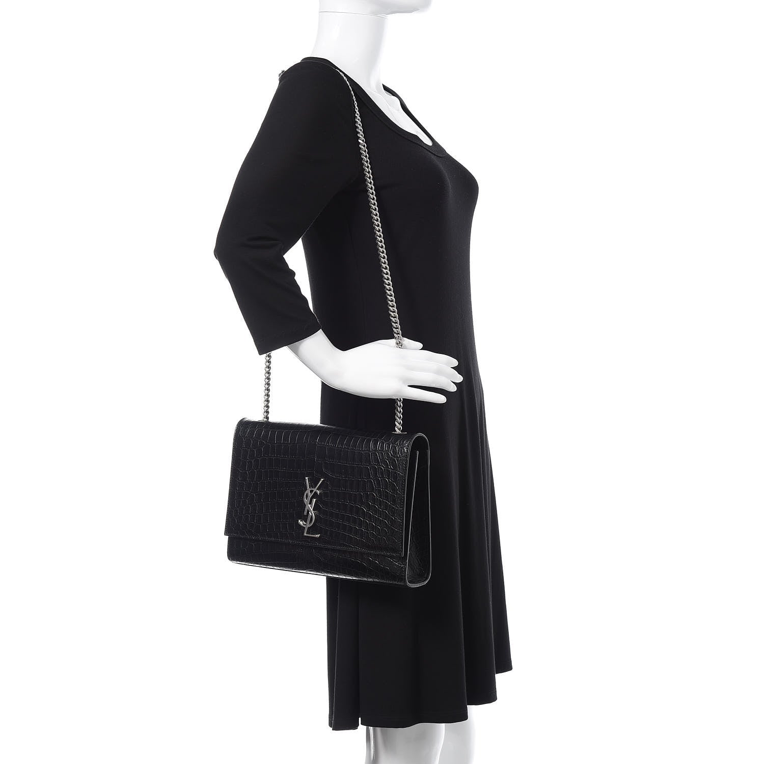 Saint Laurent Calfskin Crocodile Embossed Large Classic Monogram Kate Satchel Black 2 of 10