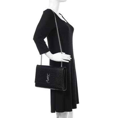 Saint Laurent Calfskin Crocodile Embossed Large Classic Monogram Kate Satchel Black 2 of 10