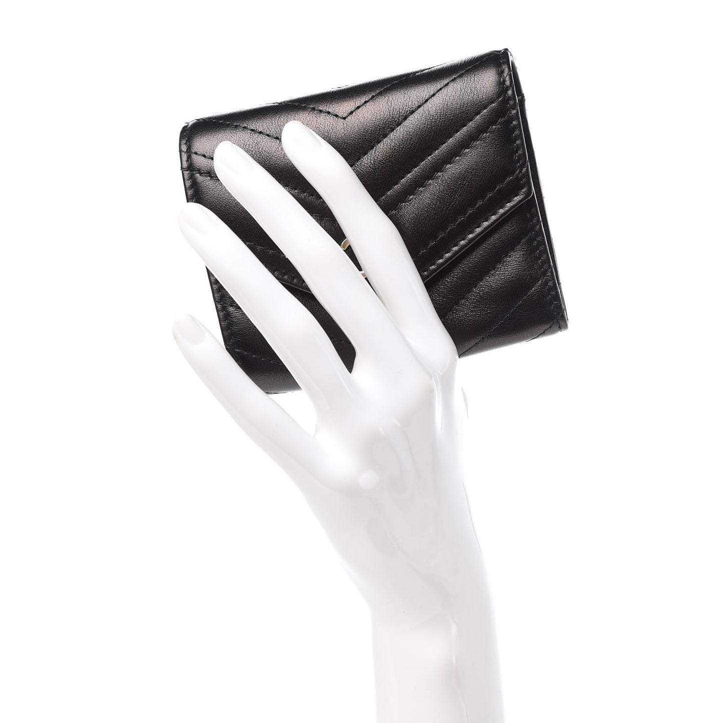 Calfskin Chevron Quilted Compact Flap Wallet Black