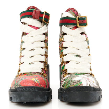 Gucci GG Supreme Monogram Flora Lace Up Combat Ankle Boots 38.5 Beige Multicolor Red 2 of 9