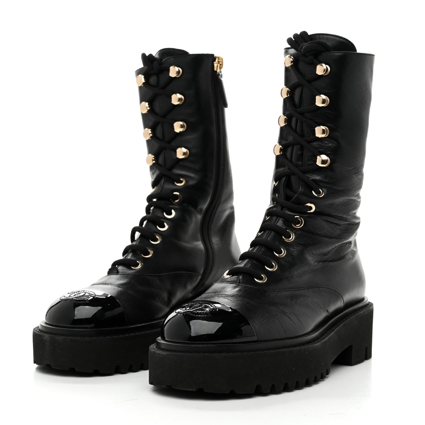 Crumpled Calfskin Patent Cap Toe Lace Up Combat Boots 35 Black