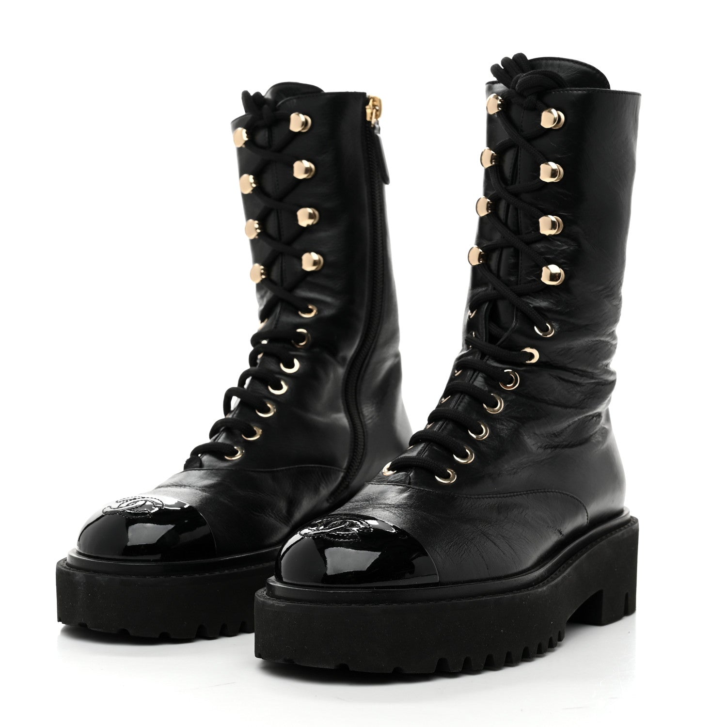 Chanel Crumpled Calfskin Patent Cap Toe Lace Up Combat Boots 35 Black 4 of 9