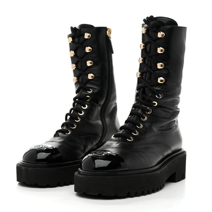 Chanel Crumpled Calfskin Patent Cap Toe Lace Up Combat Boots 35 Black 4 of 9