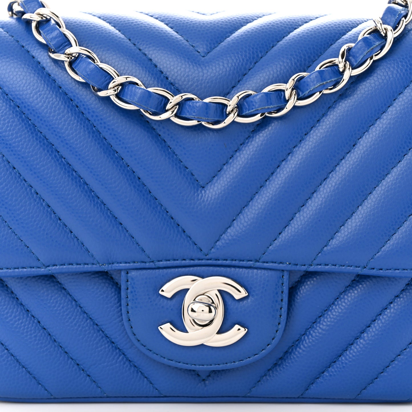 Caviar Chevron Quilted Mini Square Flap Blue