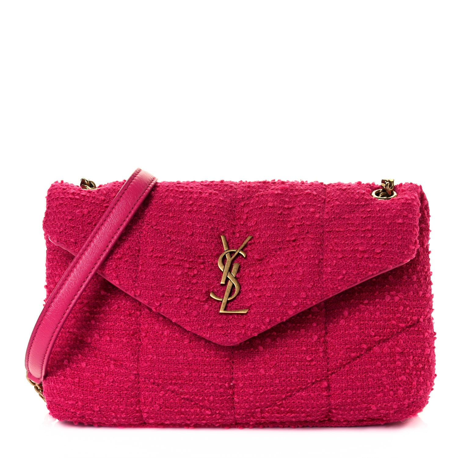Saint Laurent Boucle Tweed Quilted Toy Loulou Puffer Monogram Chain Satchel Magenta 3 of 31