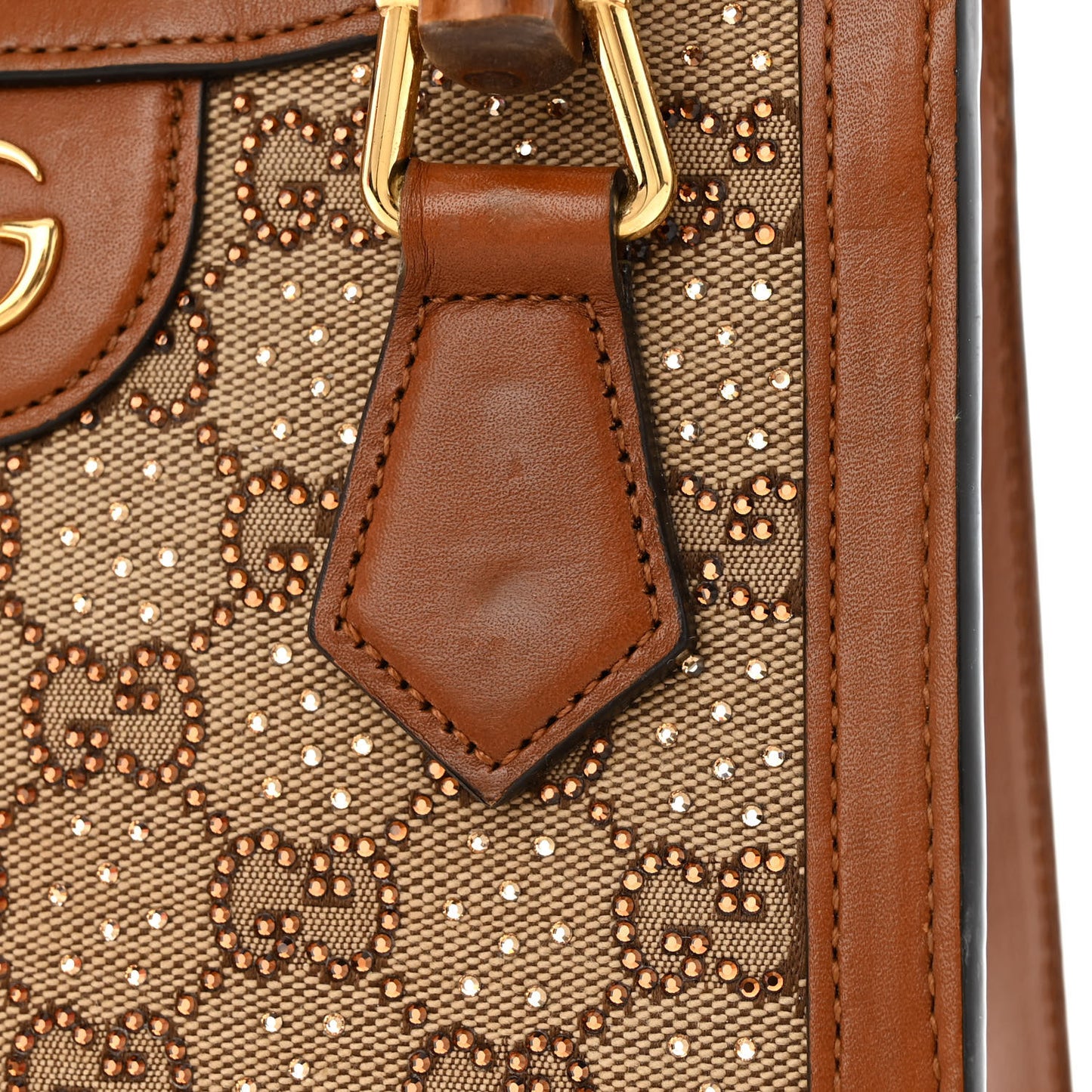 New Canvas Charisma Calfskin Crystal GG Monogram Mini Diana Tote Bag Camel Ebony