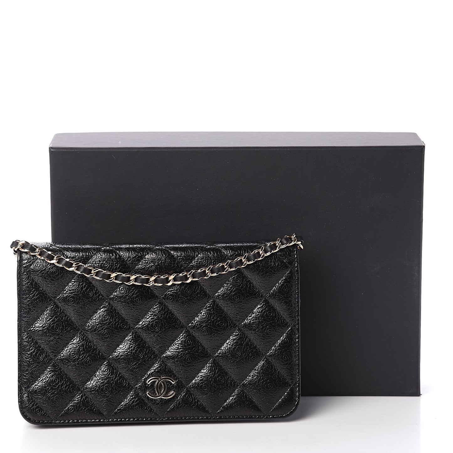 Calfskin Camellia Embossed Wallet on Chain WOC Black