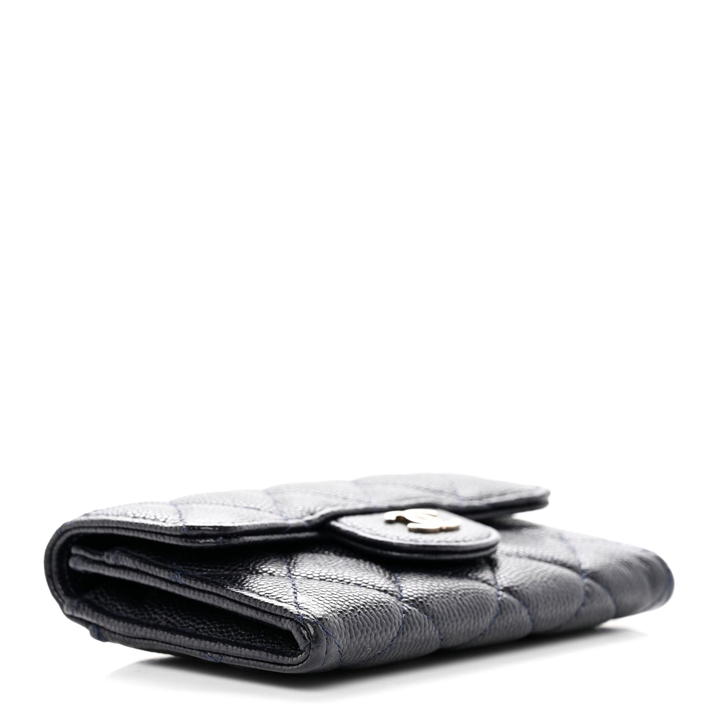 Caviar Quilted Flap Card Holder Wallet Navy Blue