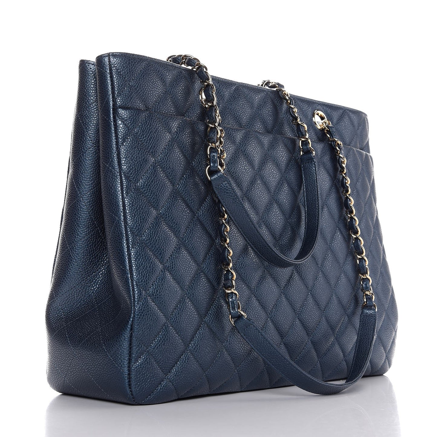 Metallic Caviar Quilted Large Classic Shopping Tote Dark Blue