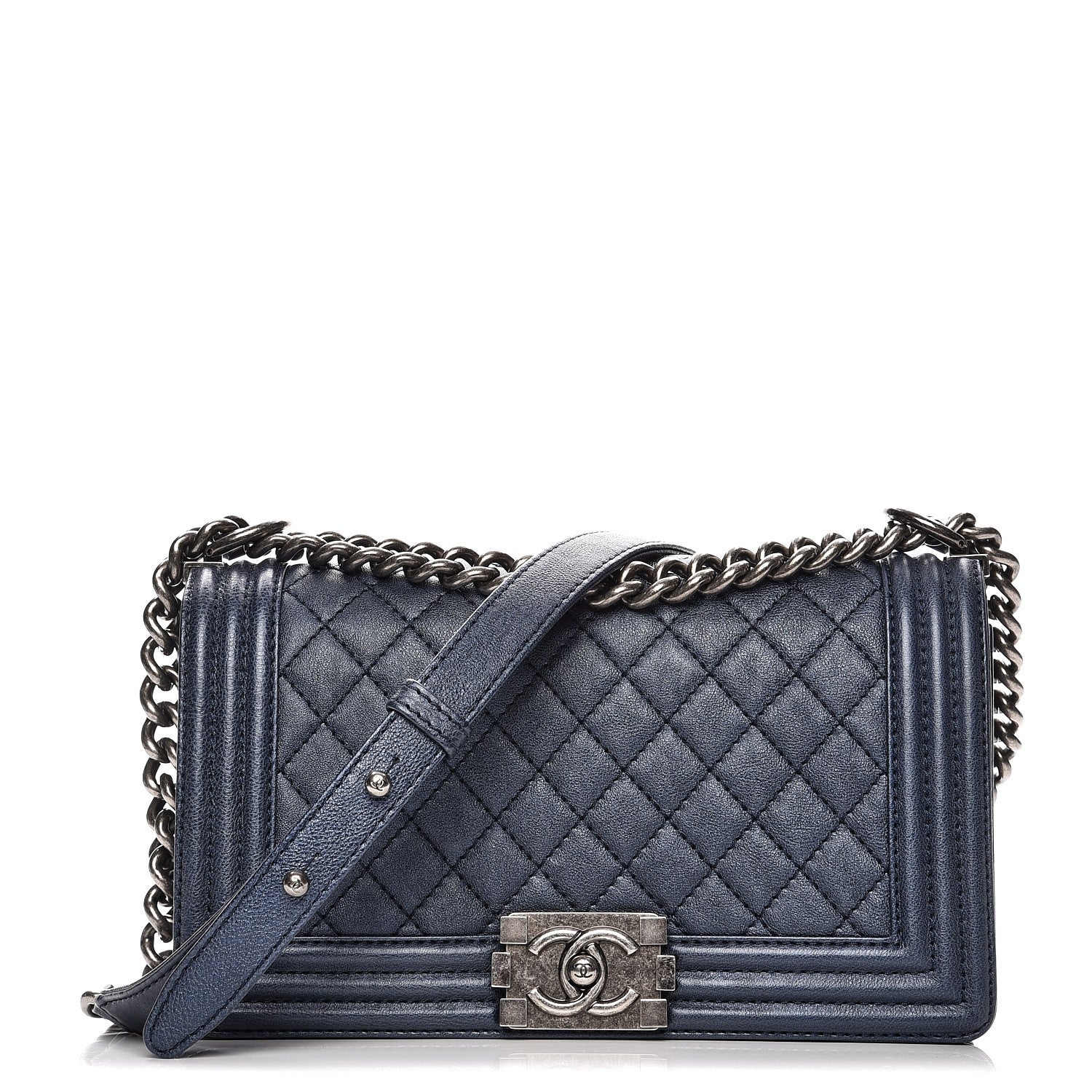 Chanel Metallic Calfskin Quilted Medium Boy Flap Navy 1 of 8