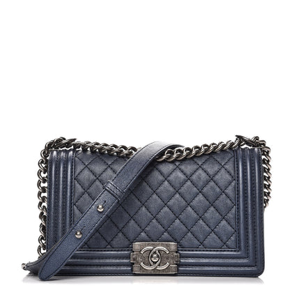 Chanel Metallic Calfskin Quilted Medium Boy Flap Navy 1 of 8