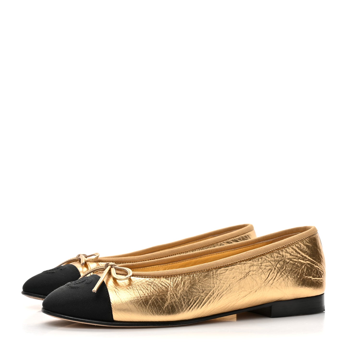 Metallic Calfskin Grosgrain Cap Toe CC Ballerina Flats 37.5 Gold