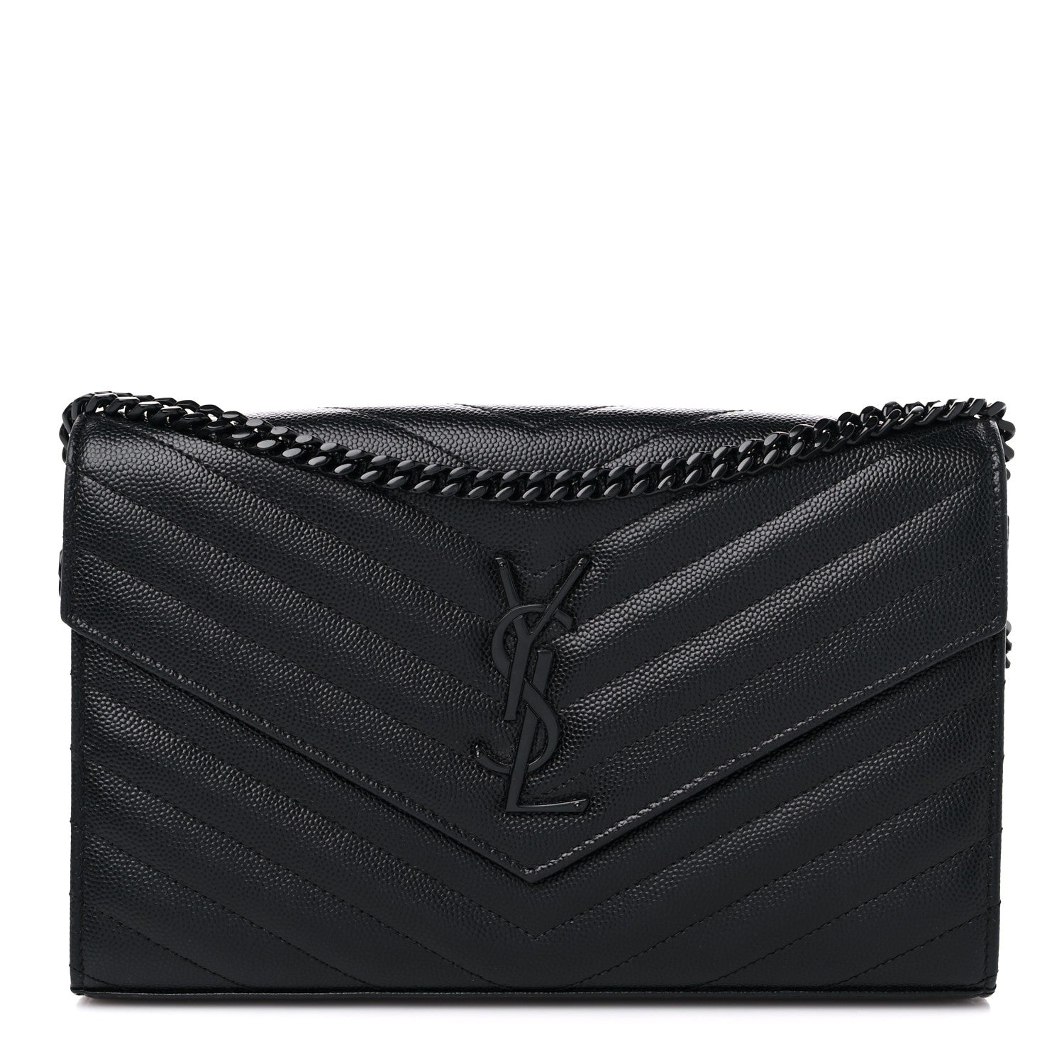 Saint Laurent Grain De Poudre Matelasse Chevron Monogram Monochrome Chain Wallet Black 1 of 9