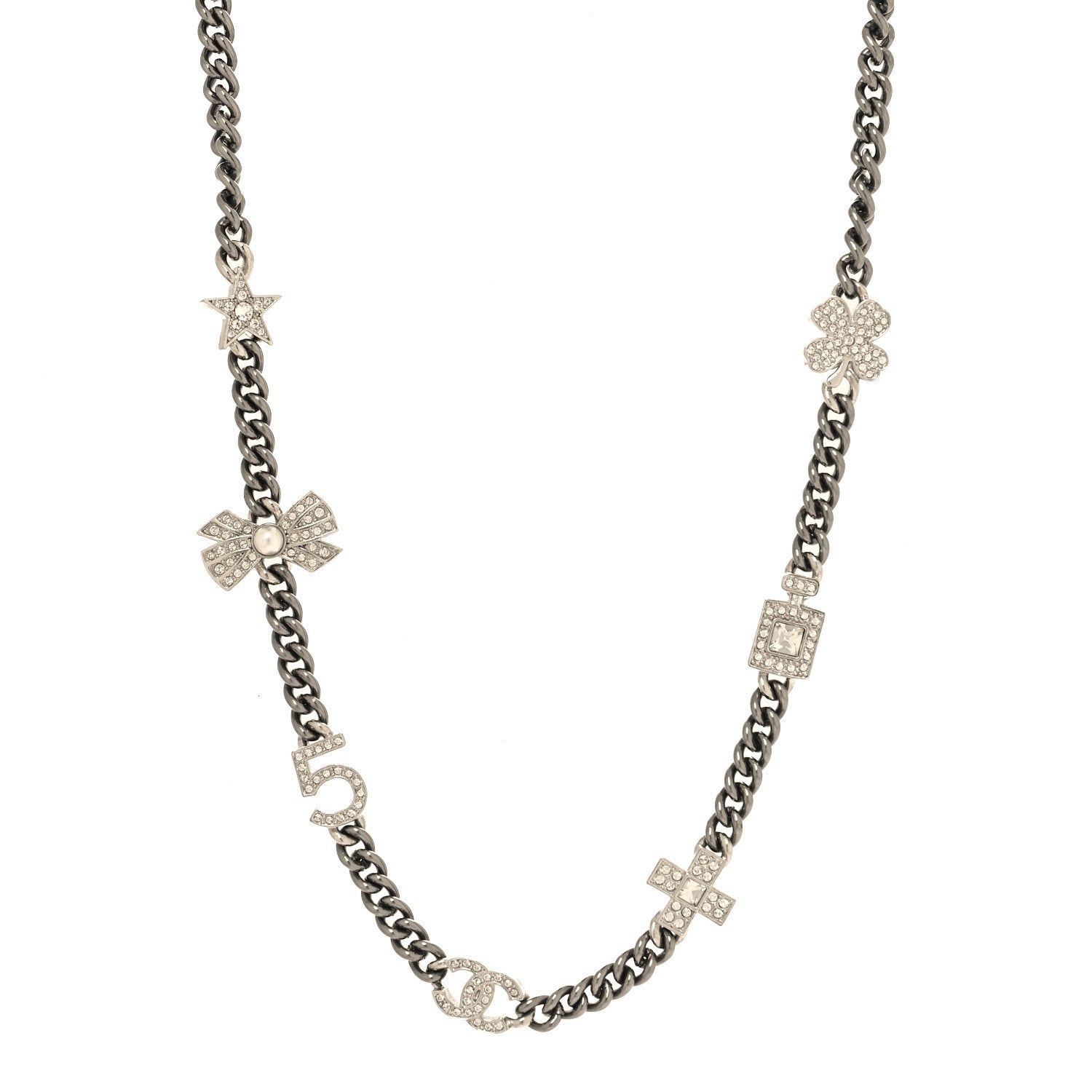 Chanel Ruthenium Crystal Chain CC Lucky Charms Choker Silver 1 of 5